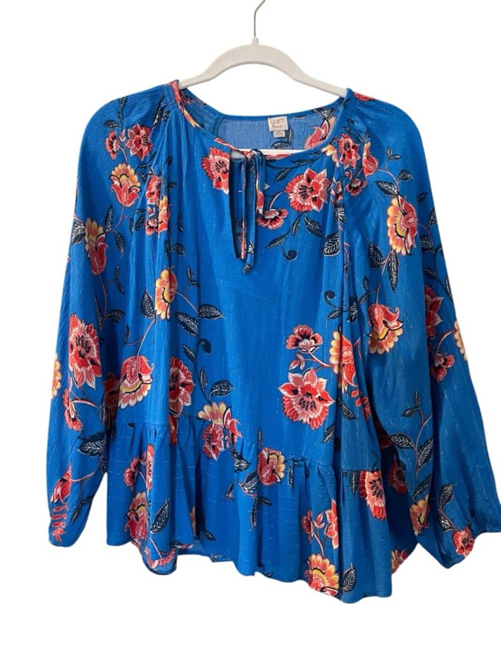Loft Beach Women’s Blue Floral Peasant Blouse Gold Accents Size: Medium